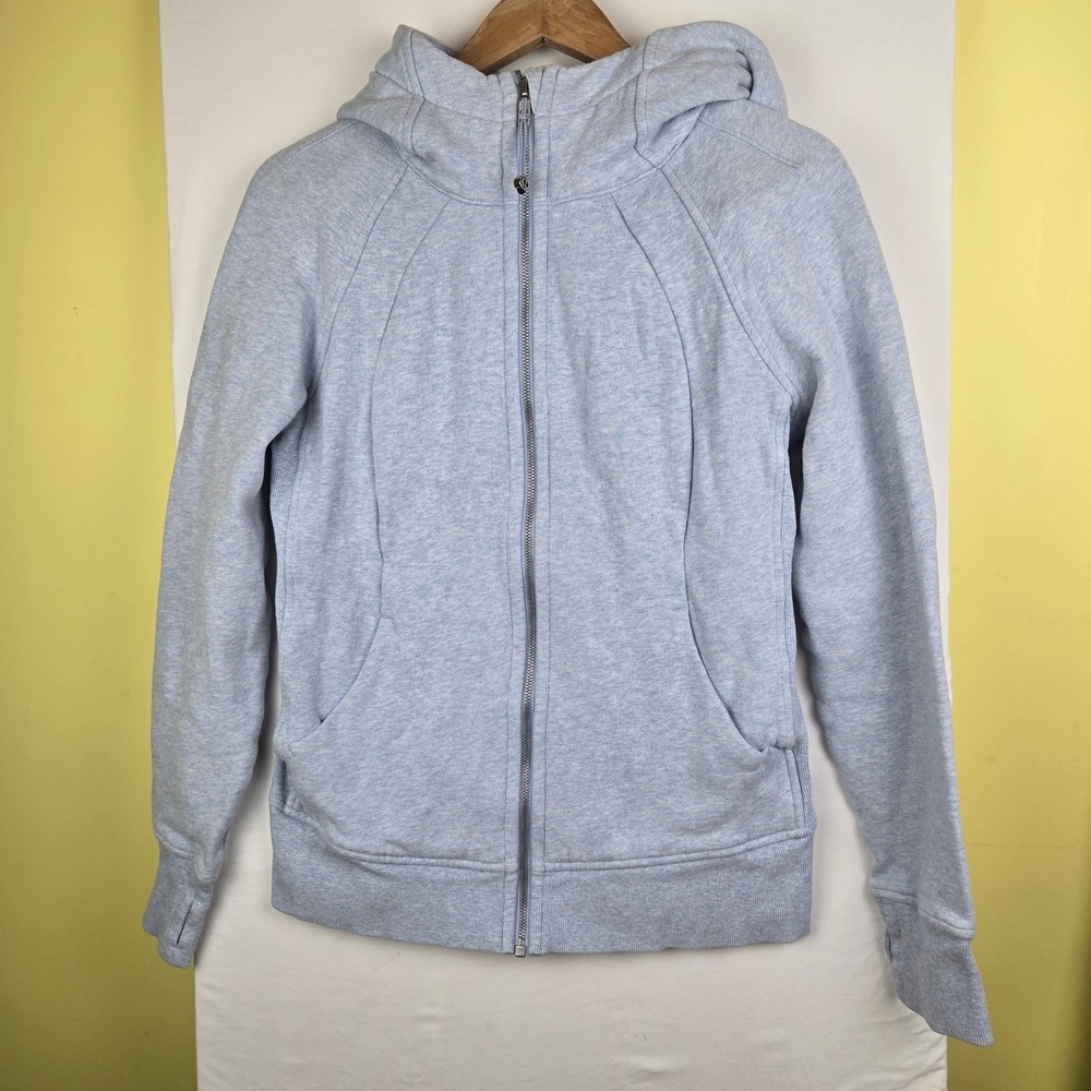 Lululemon Scuba Full Zip Hoodie Light Blue Heathered Fleece Jacket Size 10. Read